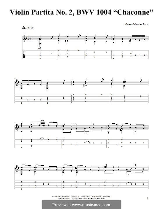 Partita für Violine Nr.2 in d-Moll, BWV 1004: Chaconne. Version für Gitarre mit Tab by Johann Sebastian Bach