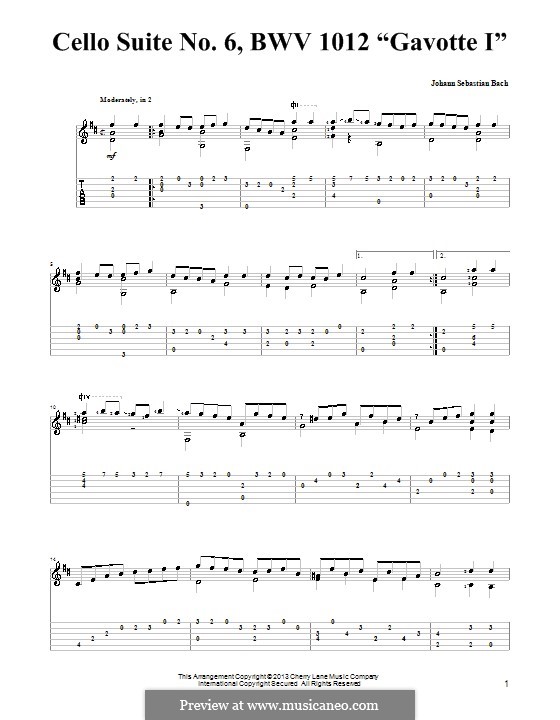 Suite für Cello Nr.6 in D-Dur, BWV 1012: Gavotte I. Version für Gitarre mit Tab by Johann Sebastian Bach