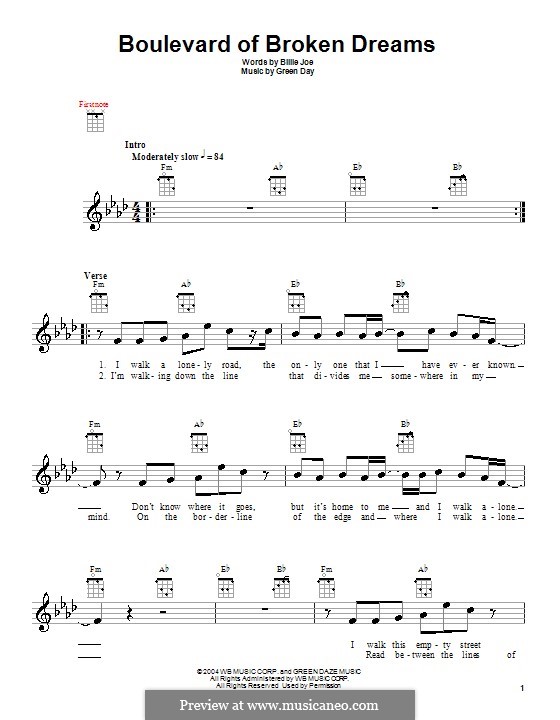 Boulevard of Broken Dreams (Green Day): Für Ukulele by Billie Joe Armstrong, Tré Cool, Michael Pritchard