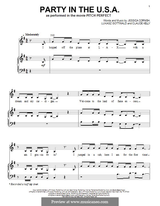 Party in the U.S.A. (Miley Cyrus): Für Stimme und Klavier (oder Gitarre) by Claude Kelly, Jessica Cornish, Lukas Gottwald