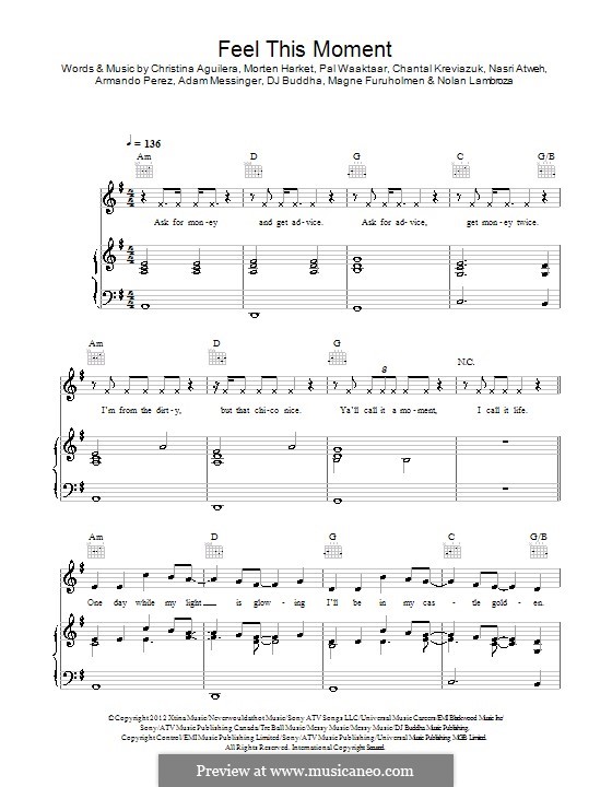 Feel This Moment (Pitbull feat. Christina Aguilera): Für Stimme und Klavier (oder Gitarre) by Adam Messinger, Pitbull, Chantal Kreviazuk, Christina Aguilera, Mags Furuholmen, Morten Harket, Nasri Atweh, Pal Waaktaar, DJ Buddha, Nolan Lambroza
