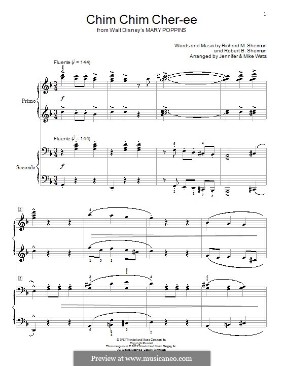 Chim Chim Cher-ee (from Mary Poppins), for Piano: For four hands by Richard M. Sherman, Robert B. Sherman