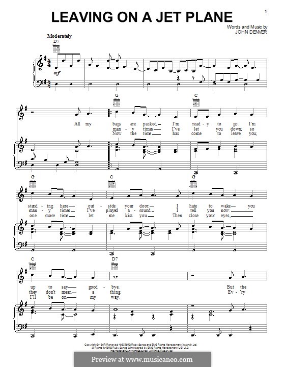 Leaving on a Jet Plane: Für Stimme und Klavier (oder Gitarre) by John Denver