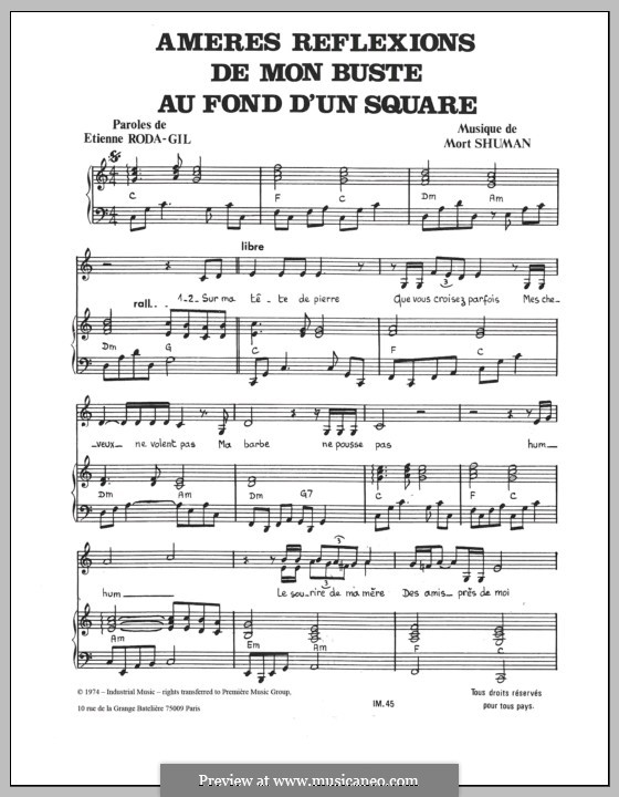 Ameres Reflexions de Mon Buste au Fond d'un Square: Für Stimme und Klavier (oder Gitarre) by Mort Shuman