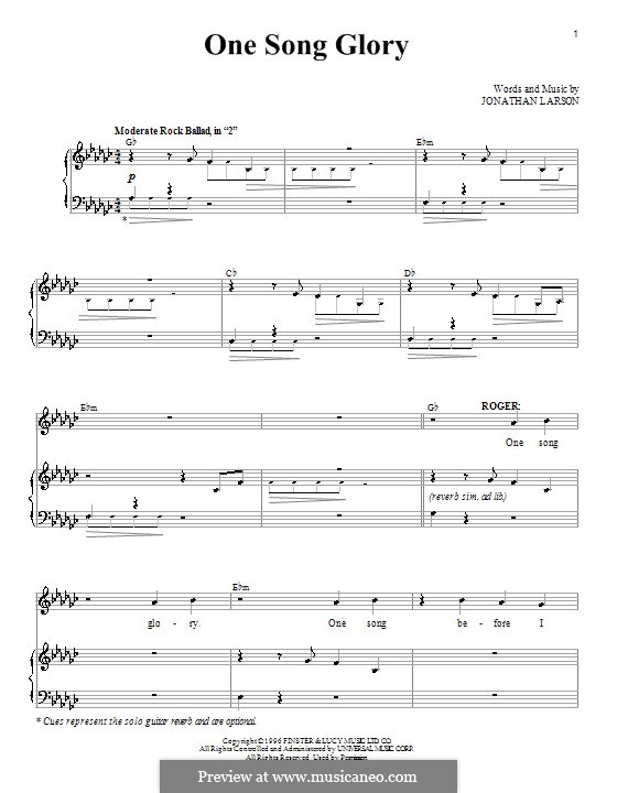 One Song Glory: Für Stimme und Klavier by Jonathan Larson
