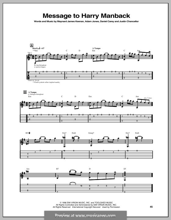 Message To Harry Manback (Tool): Für Gitarre mit Tabulatur by Adam Jones, Daniel Carey, Justin Chancellor, Maynard James Keenan