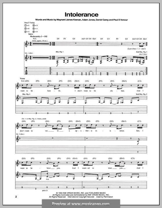 Intolerance (Tool): Für Gitarre mit Tab by Adam Jones, Daniel Carey, Maynard James Keenan, Paul D'Amour
