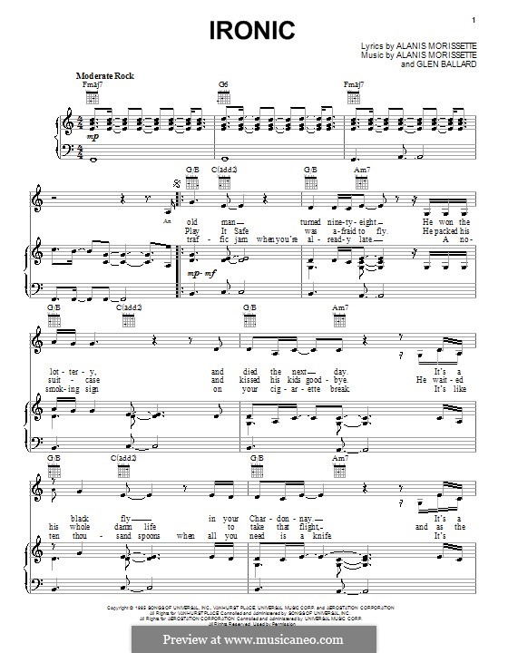 Ironic (from Jagged Little Pill The Musical): Für Stimme und Klavier (oder Gitarre) by Alanis Morissette, Glen Ballard