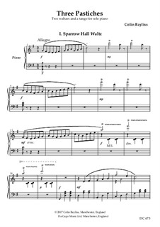 Three Pastiches - two waltzes and a tango for piano solo, B146a: Three Pastiches - two waltzes and a tango for piano solo by Colin Bayliss
