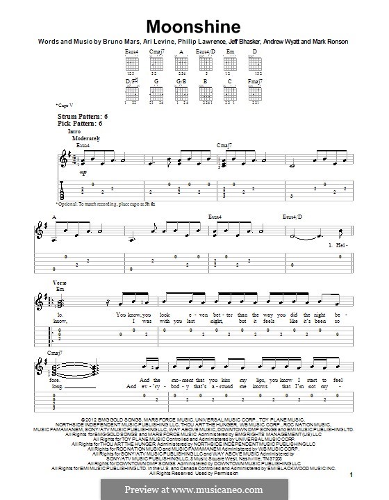 Moonshine: Für Gitarre mit Tab by Andrew Wyatt, Ari Levine, Jeff Bhasker, Mark Ronson, Bruno Mars, Philip Lawrence