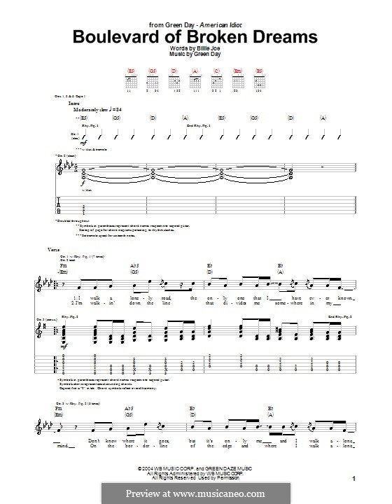 Boulevard of Broken Dreams (Green Day): Für Gitarre mit Tab by Billie Joe Armstrong, Tré Cool, Michael Pritchard