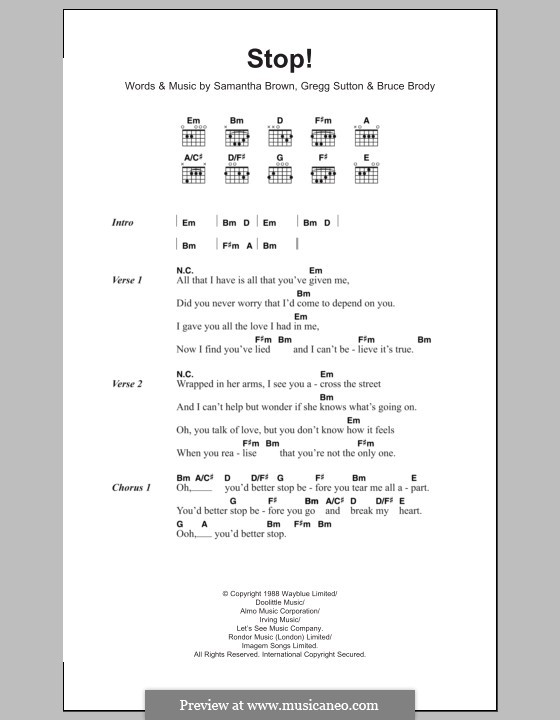 Stop (Jamelia): Texte und Akkorde by Bruce Brody, Gregg Sutton, Samantha Brown