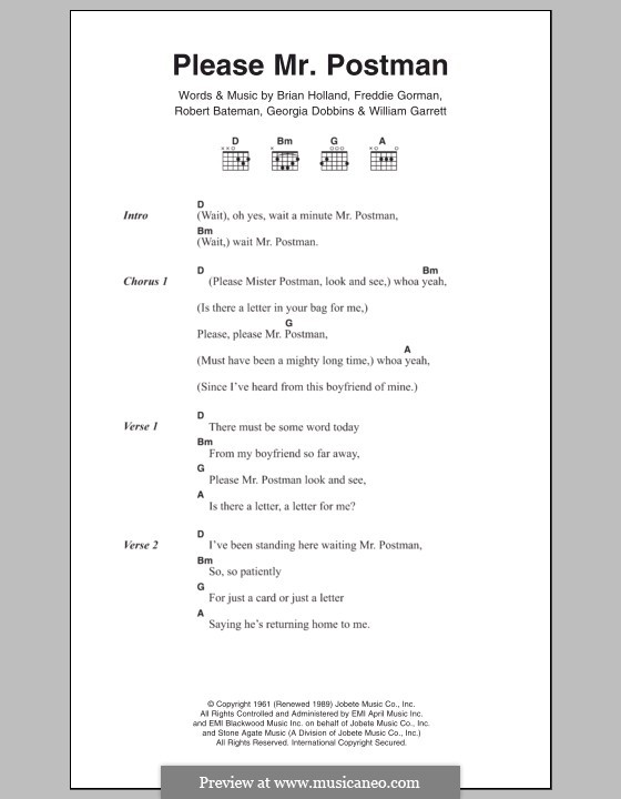 Please Mr. Postman: Texte und Akkorde by Brian Holland, Freddie Gorman, Georgia Dobbins, Robert Bateman, William Garrett