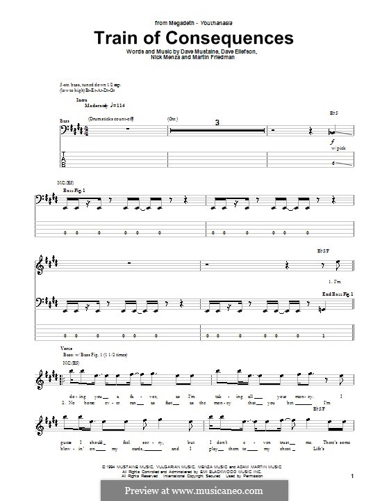 Train of Consequences (Megadeth): Für Bassgitarre mit Tabulatur by Dave Ellefson, Dave Mustaine, Martin Friedman, Nick Menza