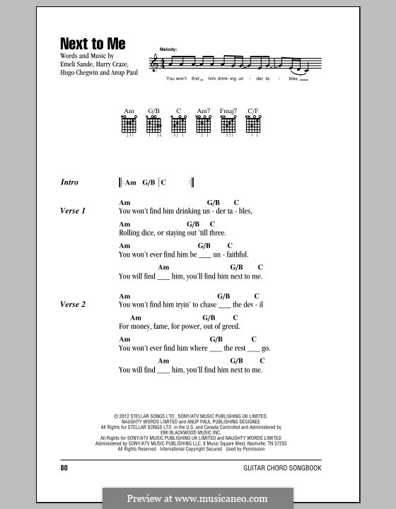 Next to Me: Texte und Akkorde by Emeli Sandé, Harry Craze, Hugo Chegwin, Anup Kumar Paul