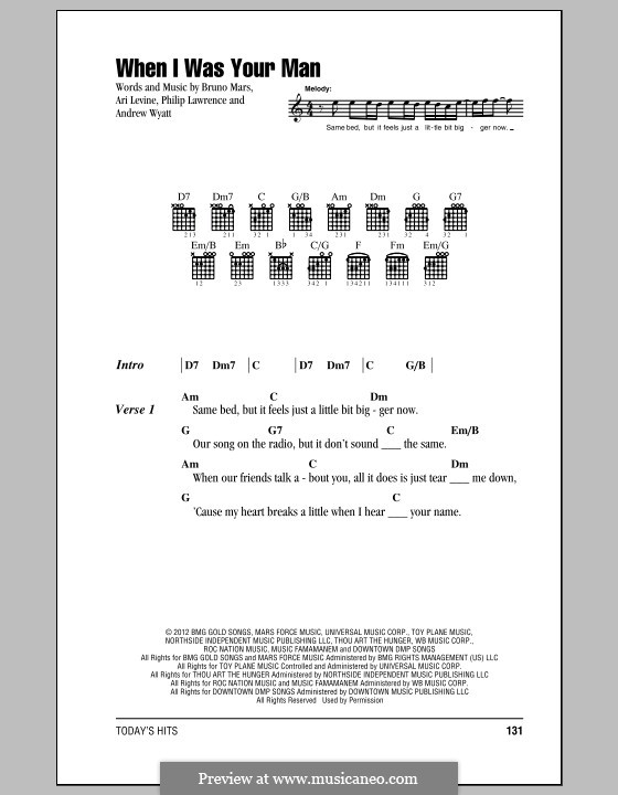 When I Was Your Man: Texte und Akkorde by Andrew Wyatt, Ari Levine, Bruno Mars, Philip Lawrence