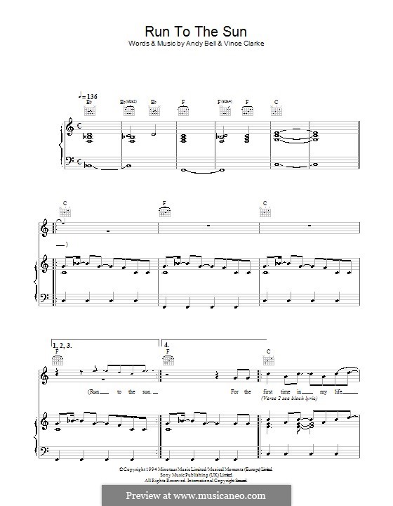 Run to the Sun (Erasure): Für Stimme und Klavier (oder Gitarre) by Andy Bell, Vince Clarke