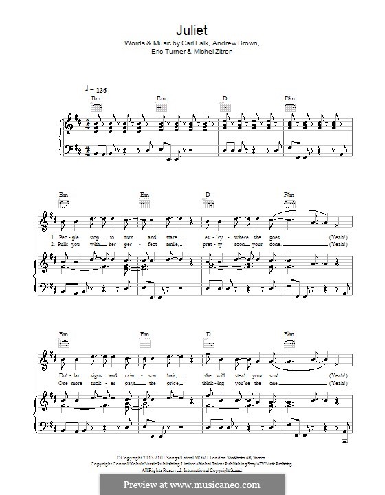 Juliet (Lawson): Für Stimme und Klavier (oder Gitarre) by Andrew Brown, Carl Falk, Eric Turner, Michel Zitron