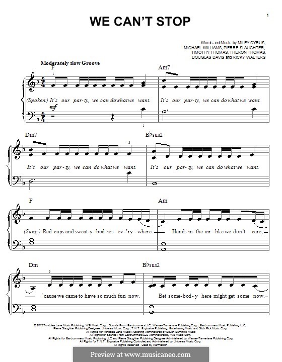 We Can't Stop (Miley Cyrus): Für Klavier by Douglas Davis, Miley Ray Cyrus, Ricky Walters, Theron Thomas, Timothy Thomas, Michael Williams, Pierre Slaughter