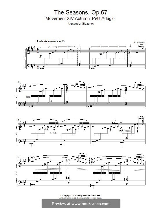 Die Jahreszeiten, Op.67: Petit Adagio, for piano by Alexander Glazunov