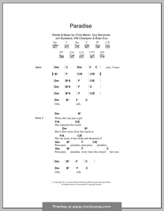 Paradise (Coldplay): Texte und Akkorde by Brian Eno, Chris Martin, Guy Berryman, Jonny Buckland, Will Champion