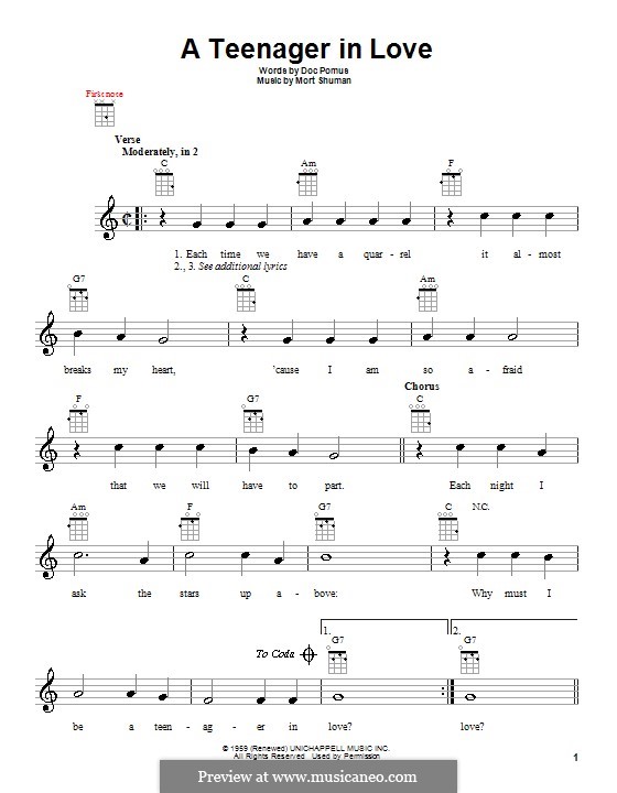 A Teenager in Love (Dion and The Belmonts): Für Ukulele by Doc Pomus, Mort Shuman