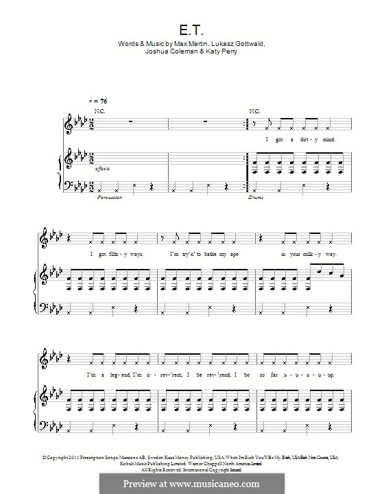 E.T. (Katy Perry): Für Stimme und Klavier (oder Gitarre) by Joshua Coleman, Lukas Gottwald, Max Martin