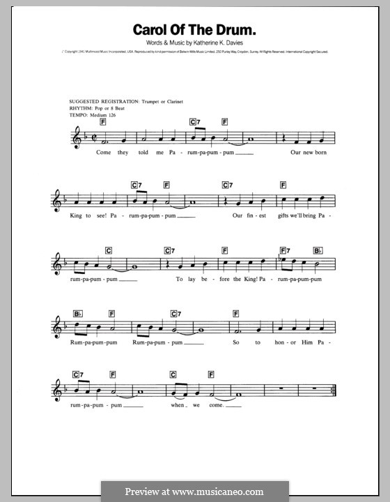 Carol of the Drum (The Little Drummer Boy): Für Keyboard by Katherine K. Davis