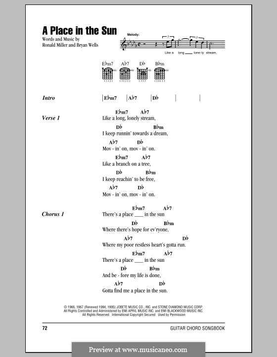 A Place in the Sun: Texte und Akkorde by Bryan Wells, Ronald Miller