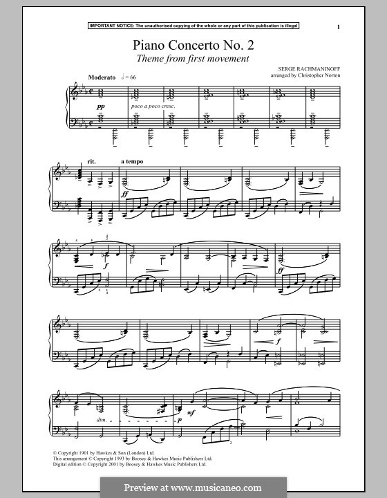 Klavierkonzert Nr.2 in c-Moll, Op.18: Teil I (Thema). Bearbeitung für Klavier by Sergei Rachmaninoff