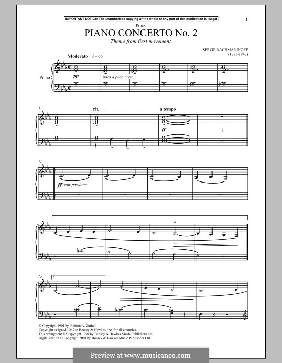 Klavierkonzert Nr.2 in c-Moll, Op.18: Teil I (Thema). Bearbeitung für Klavier by Sergei Rachmaninoff