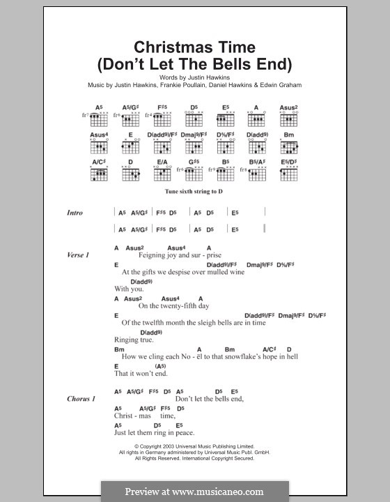 Christmas Time (Don't Let the Bells End): Lyrics and chords (The Darkness) by Daniel Hawkins, Edwin Graham, Frankie Poullain, Justin Hawkins