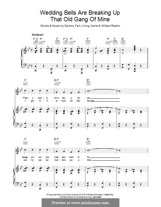 Wedding Bells Are Breaking Up That Old Gang of Mine: Für Stimme und Klavier (oder Gitarre) by William Raskin, Irving Kahal, Sammy Fain