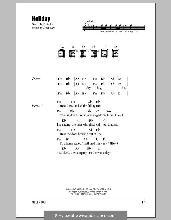 Holiday (Green Day): Texte und Akkorde by Billie Joe Armstrong, Tré Cool, Michael Pritchard