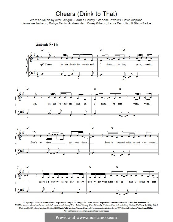 Cheers (Drink to That): Für Klavier by Andrew Harr, Avril Lavigne, Corey Gibson, Graham Edwards, Jermaine Jackson, Laura Pergolizzi, Lauren Christy, Rihanna, Scott Spock, Stacy Barthe