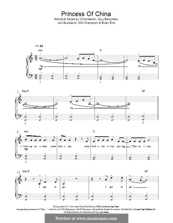 Princess of China (Coldplay): Für Klavier by Brian Eno, Chris Martin, Guy Berryman, Jonny Buckland, Will Champion