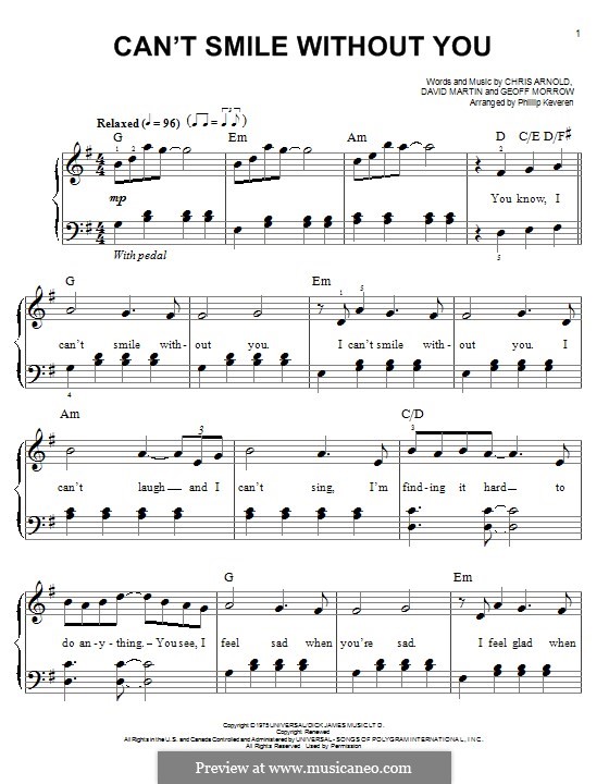 Can't Smile without You (Barry Manilow): Für Klavier by Chris Arnold, David Martin, Geoff Morrow