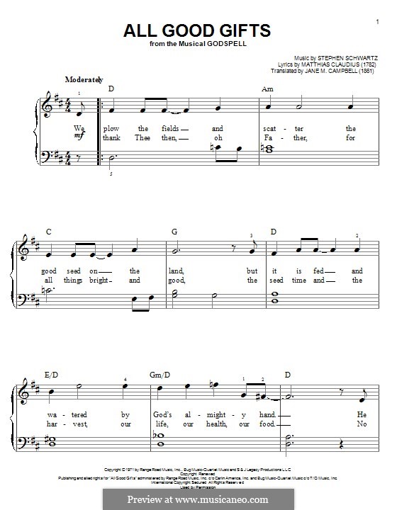 All Good Gifts (from Godspell): Für Klavier by Stephen Schwartz
