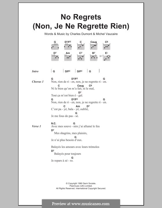 No Regrets (Non, Je Ne Regrette Rien): Lyrics and chords (Edith Piaf) by Charles Dumont