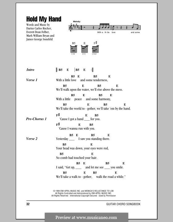 Hold My Hand (Hootie & The Blowfish): Texte und Akkorde by Darius Carlos Rucker, Everett Dean Felber, James George Sonefeld, Mark William Bryan