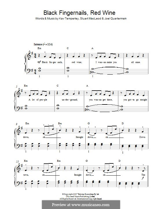 Black Fingernails, Red Wine (Eskimo Joe): Für Klavier by Joel Quartermain, Kavyen Temperley, Stuart MacLeod