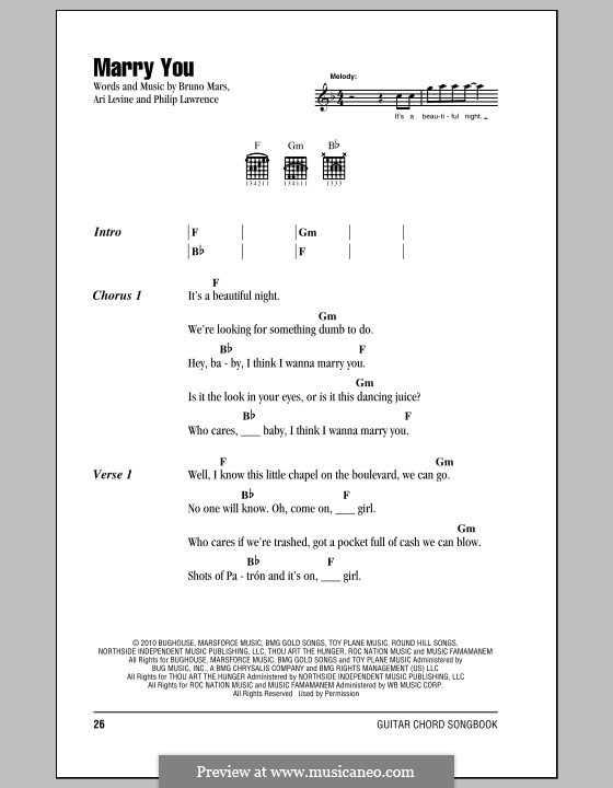 Marry You: Texte und Akkorde by Ari Levine, Bruno Mars, Philip Lawrence