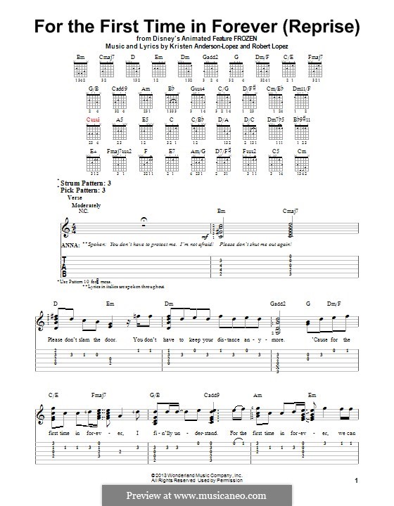 For the First Time in Forever (from Frozen: The Broadway Musical): Reprise, for guitar with tab by Robert Lopez, Kristen Anderson-Lopez