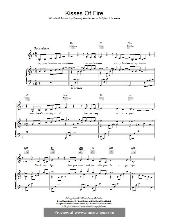Kisses of Fire (ABBA): Für Stimme und Klavier (oder Gitarre) by Benny Andersson, Björn Ulvaeus