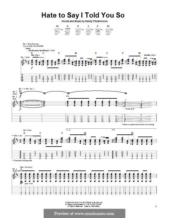Hate to Say I Told You So (The Hives): Für Gitarre mit Tab by Randy Fitzsimmons