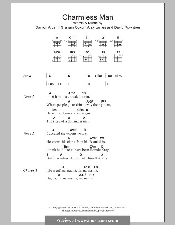 Charmless Man (Blur): Texte und Akkorde by Alex James, Damon Albarn, David Rowntree, Graham Coxon