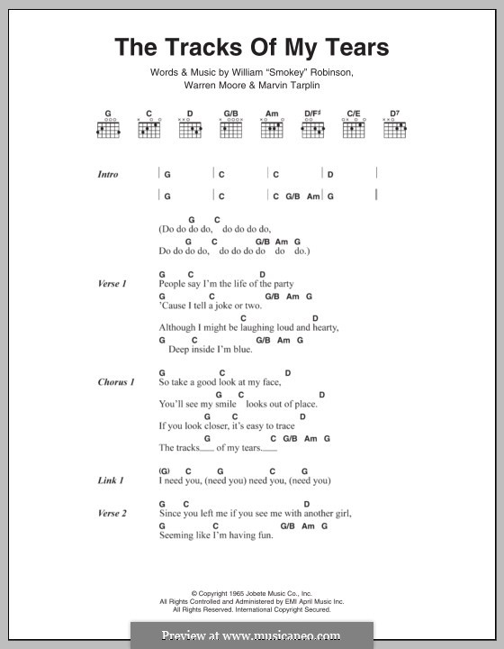 The Tracks of My Tears (The Miracles): Texte und Akkorde by Marvin Tarplin, Smokey Robinson, Warren Moore