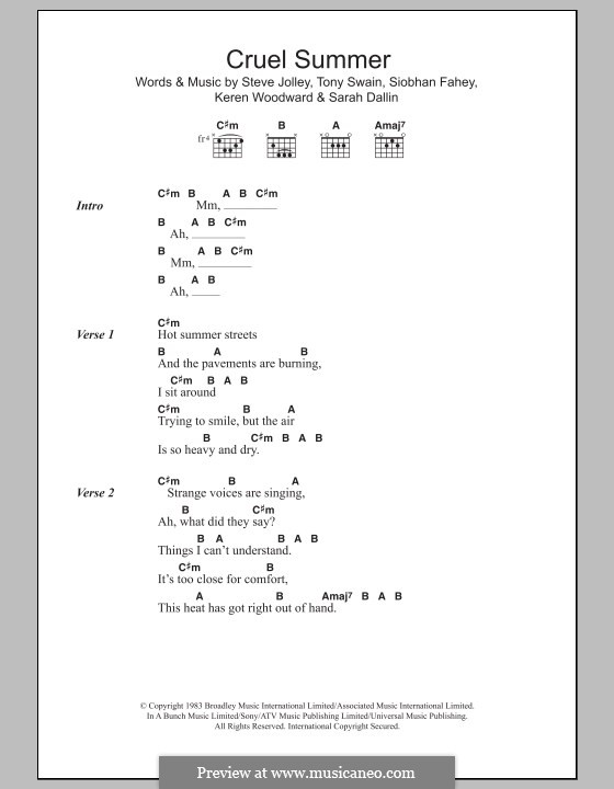 Cruel Summer: Texte und Akkorde by Keren Woodward, Sarah Dallin, Siobhan Fahey, Steve Jolley, Tony Swain