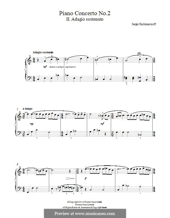 Klavierkonzert Nr.2 in c-Moll, Op.18: Teil II (Fragmente). Bearbeitung für Klavier by Sergei Rachmaninoff