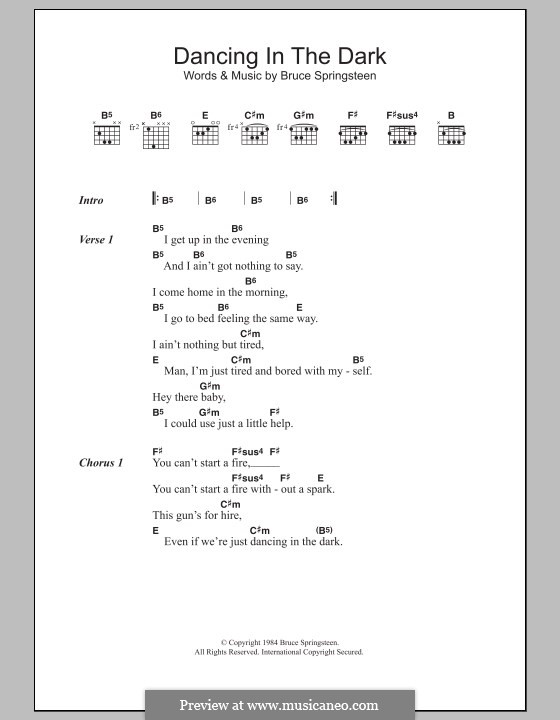 Текст песни танцующего наггетса. Dancing in the Dark текст. Ноты Dancing in the Dark. Dancing in the Dark аккорды. Bruce Springsteen Dancing in the Dark.